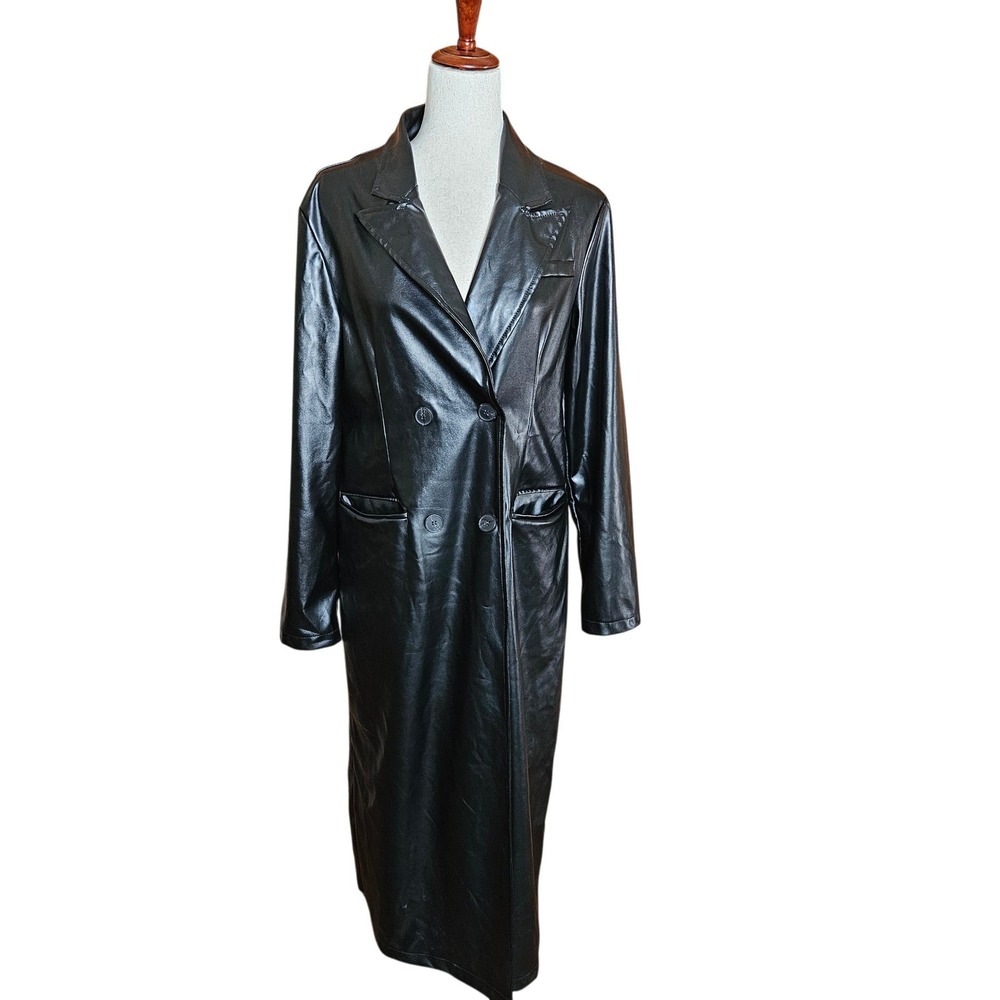 LoraGal Black Faux Leather Double Breasted Trench Coat Longline Jacket Medium